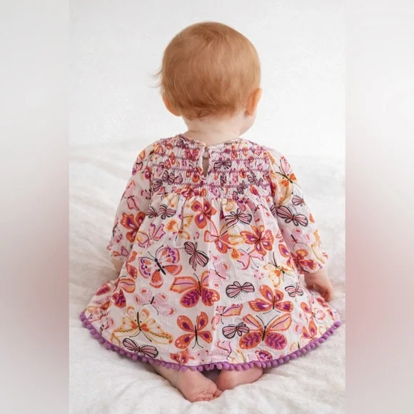 Peek Baby Girl Butterfly Print Smocked Dress Pink Orange Long Sleeve Size 6-12M - Picture 3 of 10